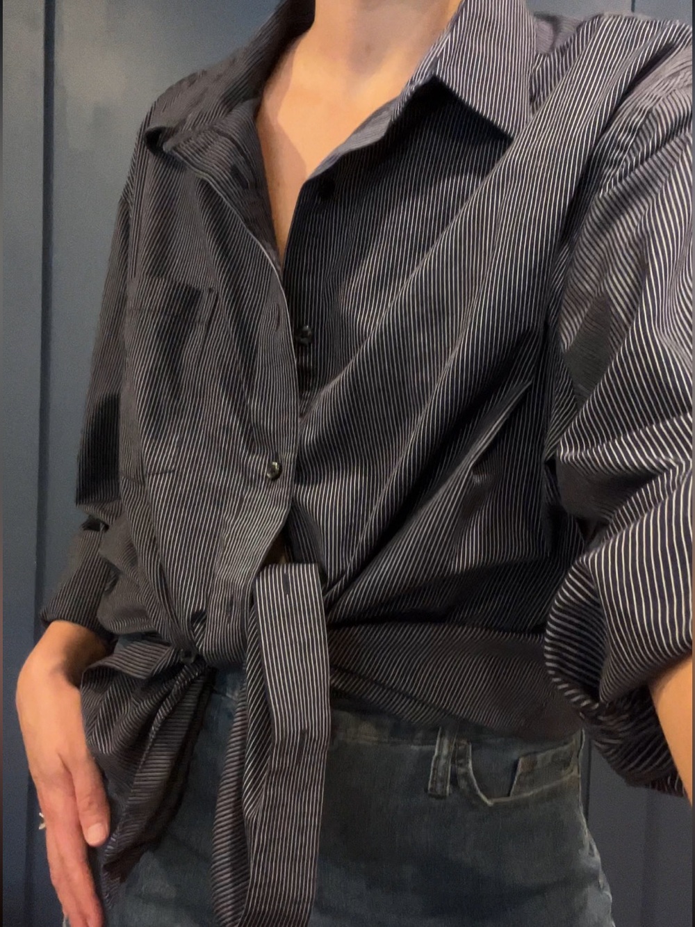 George Black Pinstripe Tie-Front Button-Down Shirt